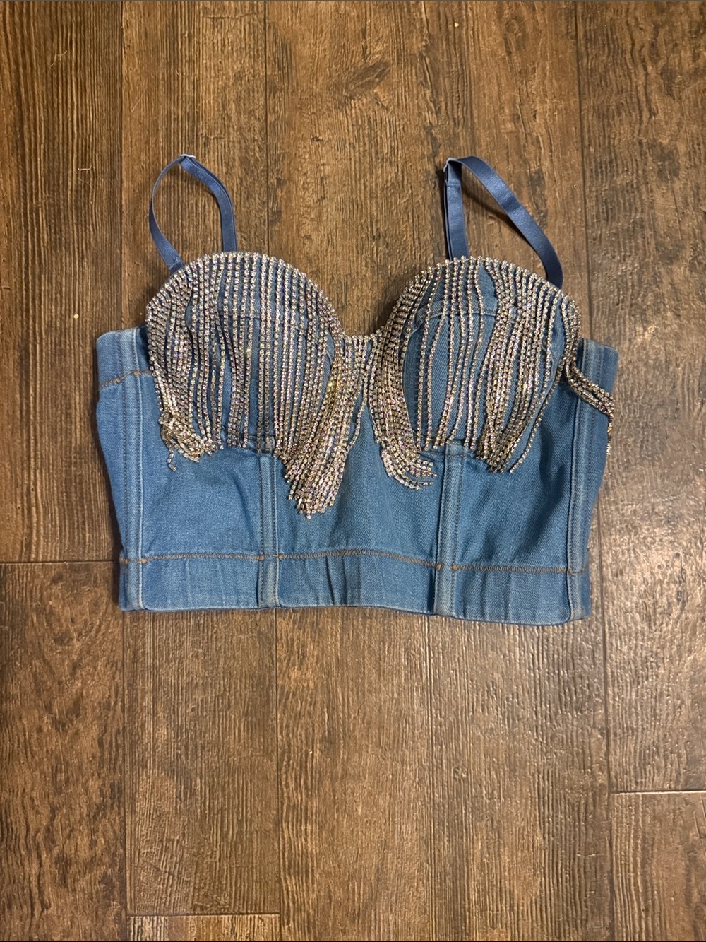 Denim Crystal-Embellished Bustier Crop Top - Blue